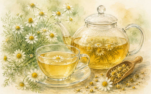 Water colour painting of Chamomile tea in a glass tea pot