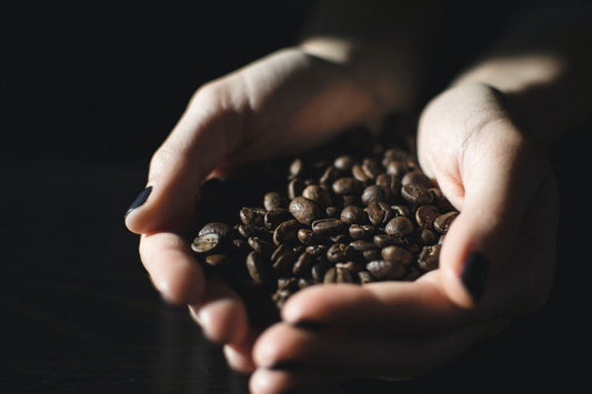 small batch roasted coffee, held in hands on a dark background