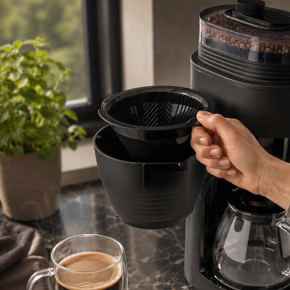 Person using a coffee maker with a filter on a kitchen counter. Machine featured is an Aromafresh Filtered Coffee Machine