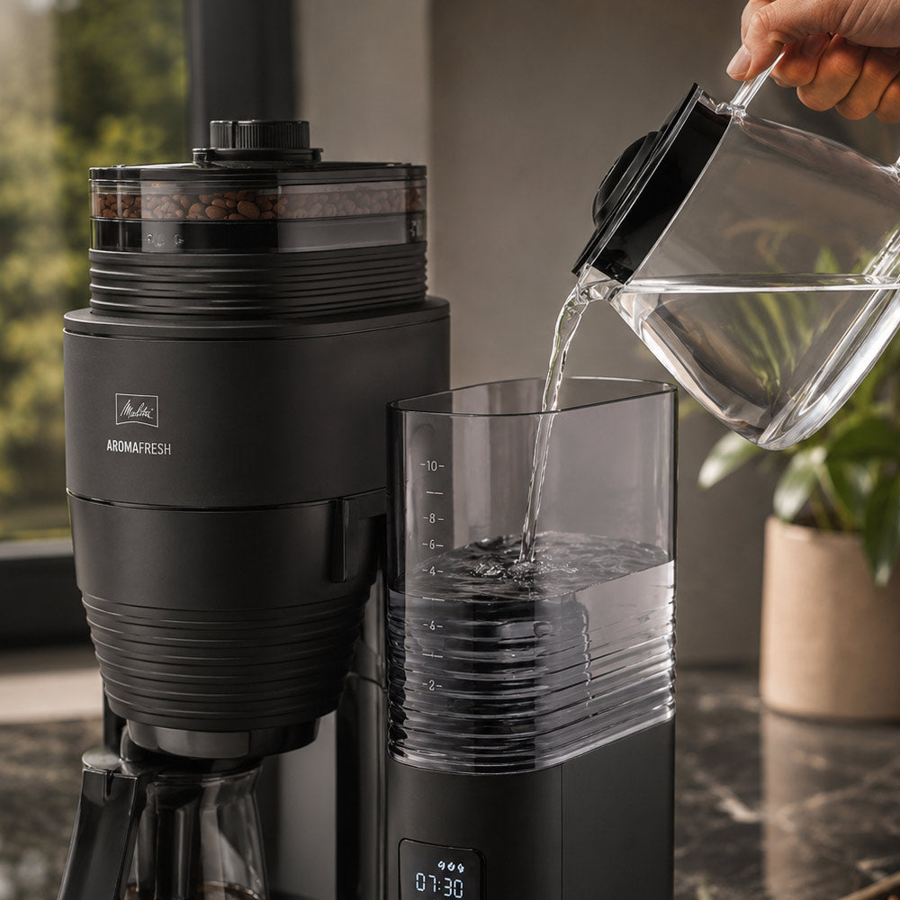 Person pouring water into a coffee maker with a coffee grinder on a kitchen counter. Machine featured is an Aromafresh Filtered Coffee Machine