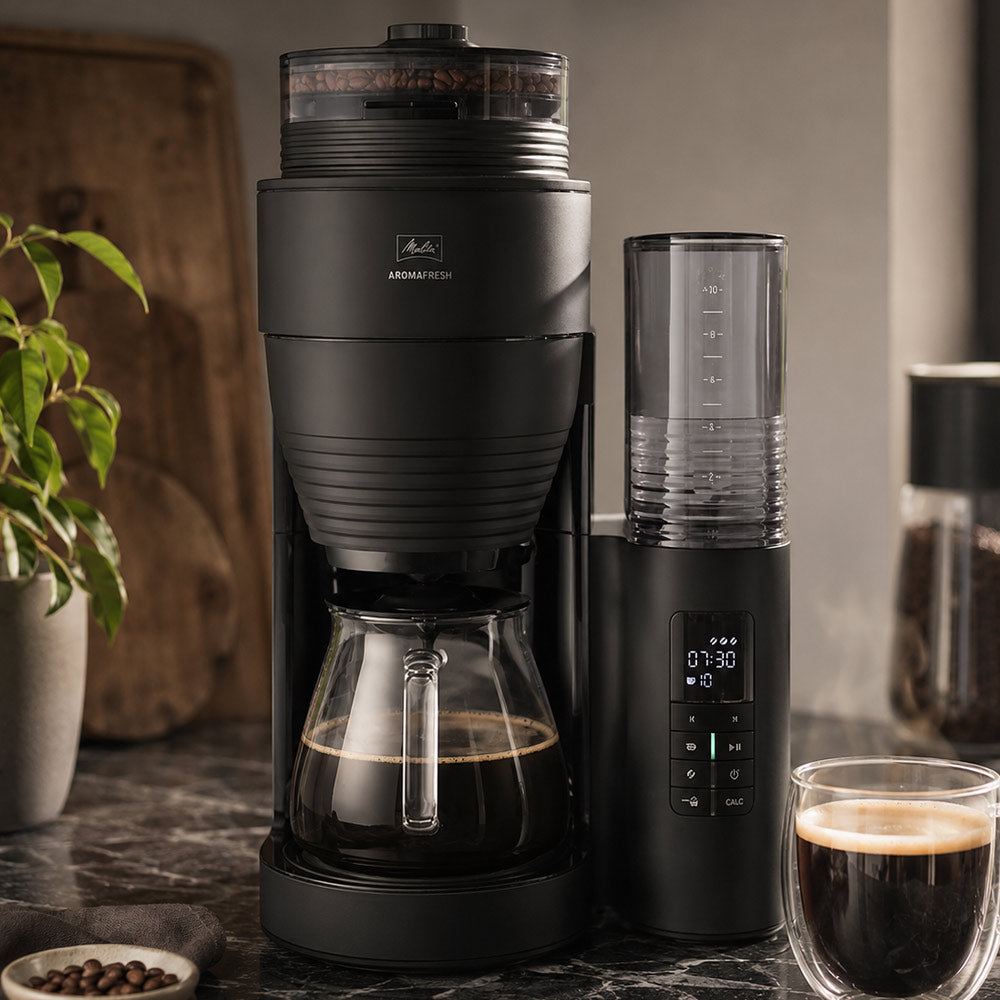Black coffee maker by Aromafresh with a glass carafe on a kitchen counter, accompanied by a cup of coffee.