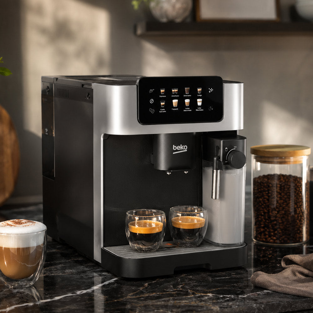 Beko CEG7304X coffee machine with two glasses of coffee on a marble countertop